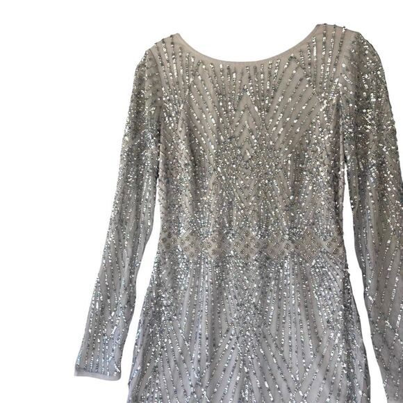 Aidan Mattox Gray Silver Sequin Mini Dress Long Sleeve Boat V Neck Women Size 8 - Picture 10 of 10
